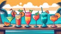 Colorful cocktails on a wooden table with drinkware and cocktail garnish Royalty Free Stock Photo