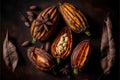 Colorful cocoa pods on dark table. Healthy vegan superfood. Ai generated art