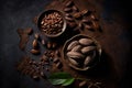 Colorful cocoa seeds on dark table. Healthy vegan superfood. Ai generated art