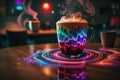 A colorful coffee cup with a rainbow colored liquid in it Royalty Free Stock Photo