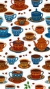 Colorful Coffee Cups and Teapots Seamless Pattern Royalty Free Stock Photo