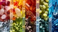 A colorful collage of different types of bioinks including natural and synthetic materials highlighting the variety and