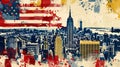 Colorful collage featuring famous landmarks of New York City intertwined with the American flag Royalty Free Stock Photo