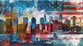 Colorful collage featuring famous landmarks of New York City intertwined with the American flag Royalty Free Stock Photo