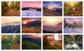 Colorful collage with landscapes, amazing mountains views, panoramic nature scenery.