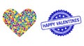 Scratched Happy Valentines Stamp Seal and Bright Colored Mosaic Love Heart