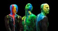 Colorful collage. Male body and face covered with multicolored paints isolated over black background
