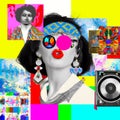 Colorful collage of portrait and different elements, fusion of contemporary Pop Art and old-fashioned style background