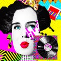 Colorful collage of portrait and different elements, fusion of contemporary Pop Art and old-fashioned style background