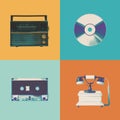 Colorful collage in retro palette of various old-fashioned items, boombox, CD disk, cassette and vintage phone Royalty Free Stock Photo