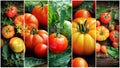 Colorful collage of ripe organic tomatoes. Healthy eating consept. Gardening background Royalty Free Stock Photo