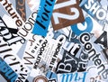 Blue collage of words on a mood board. bright atmospheric background of words and letters cut out from a magazine.