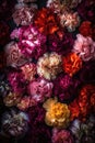 A colorful collection of blooming carnations on a dark background, Generative AI