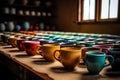 Colorful collection of coffee mugs lined up on a table. Generative AI Royalty Free Stock Photo