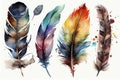 Colorful collection feathers on white background. Generative backdrop