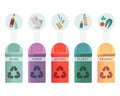 Colorful collection of garbage bins. Recycle containers set for sorted waste glass, paper, battery, plastic and organic