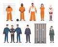 Colorful collection of male and female prisoners. Arrested men and women set. Flat vector illustration.