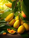 Colorful Collection of Mangoes and Fresh Fruits on Leafy Plants