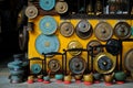 A colorful collection of ornamental gongs, sound bowls and buddha statues hanging on a yellow wall in a shop front in Hoi An, Royalty Free Stock Photo