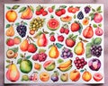 Colorful collection of pastel colored assorted juicy fruit stickers, generated by AI