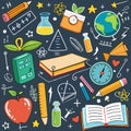 Colorful collection of school supplies and learning tools on a dark background Royalty Free Stock Photo