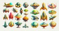 Colorful Collection of Various Alien Spaceships and Futuristic Flying Saucers, Detailed Vector