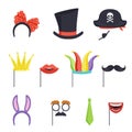Colorful set with various carnival accessories. Hoop with bow and bunny ears, tie, cardboard crown, lips, mustache