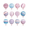 Colorful collection of various hot air balloons. Different aerial vehicles isolated on white background. Set of sky