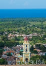 Tropical seaside Colonial Caribbean city overlook with classic building and church, Cuba, America.