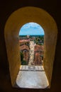 Colorful Colonial Caribbean town and street overview with sea and sky from gate, Trinidad, Cuba, America. Royalty Free Stock Photo