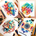 Colourful geometric design art in watercolor on paper painting drawing idea