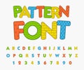 Colorful comic font. Funny alphabet with different patterns.
