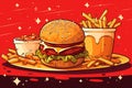 colorful comic illustration of tasty burger with french fries and sauce on red background Royalty Free Stock Photo