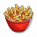 Colorful Comic Style French Fries In Red Bowl Vector Illustration