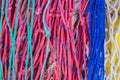 Colorful commercial fisher nets at harbour, close-up Royalty Free Stock Photo