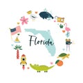 Colorful composition, circle design with famous symbols, animals of Florida state, USA.