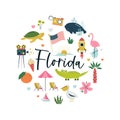 Colorful composition, circle design with famous symbols, animals of Florida state, USA.
