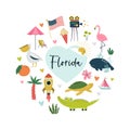 Colorful composition, circle design with famous symbols, animals of Florida state, USA.