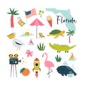 Colorful composition, circle design with famous symbols, animals of Florida state, USA.