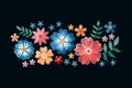 Colorful composition with embroidered summer flowers. Imitation of satin stitch. Vector illustration