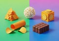 A colorful composition featuring abstract food art. A stack of triangular chips lies on a green Royalty Free Stock Photo