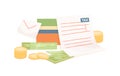 Colorful composition with paper tax form and money on white background. Concept of accounting and business financial