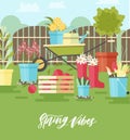 Colorful composition with tools and equipment for gardening, agriculture and agricultural work, plants cultivation