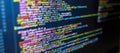 Colorful computer code on screen, programming language syntax highlighting, software development, coding, debugging, technology, Royalty Free Stock Photo