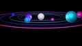 Stylized planetary orbit system in 3D rendering with large blue and pink spheres on black background Royalty Free Stock Photo