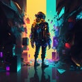 Colorful conceptual illustration of a man standing in an abstract environment