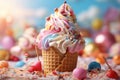 Colorful Cone Ice Cream with Sprinkle of Meses and Candies Looks Delicious