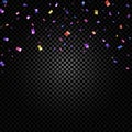 Colorful confetti falling and ribbons on black transparent background vector illustration. Party, festival, fiesta Royalty Free Stock Photo