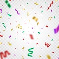 Colorful confetti falling on transparent background. Shiny festive paper glitter tinsel. Bright surprising party