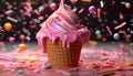 Colorful confetti falls on a birthday dessert table, celebrating joy generated by AI